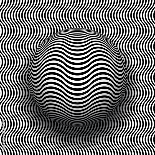 Trippy rippled sphere on same patterned background. Vector black white optical art illustration.