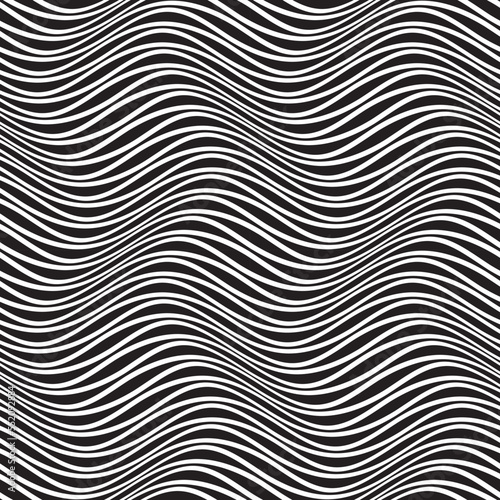 Seamless pattern of black distorted stripes. Optical art repeatable texture of warped lines.