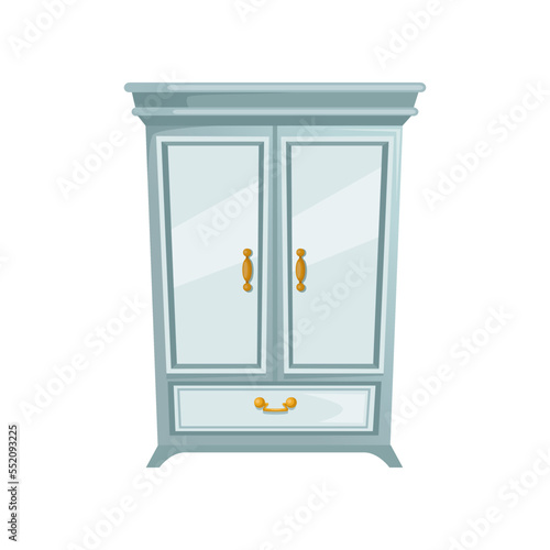 White cabinet and cupboard in classic style cartoon vector illustration. Wooden wardrobe, old fashioned furniture, vintage stuff isolated on white background. Interior concept
