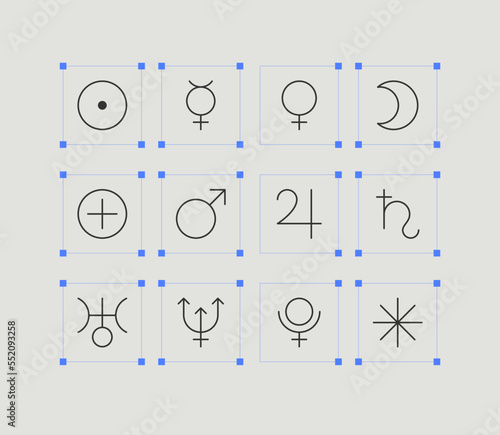 Solar system zodiac horoscope astrological thin line label linear design esoteric stylized elements symbols signs. Vector illustration icons