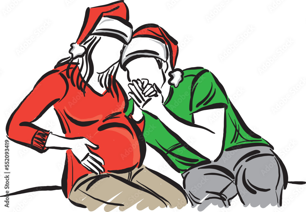 HAPPY CHRISTMAS COUPLE MAN AND WOMAN HUSBAND WIFE EXPECTING BABY PREGNANT WOMAN VECTOR ILLUSTRATION