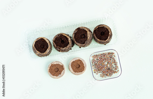 Round Peat briquettes for growing seedlings dry, wet on a green background and radish seeds in container. Isometric