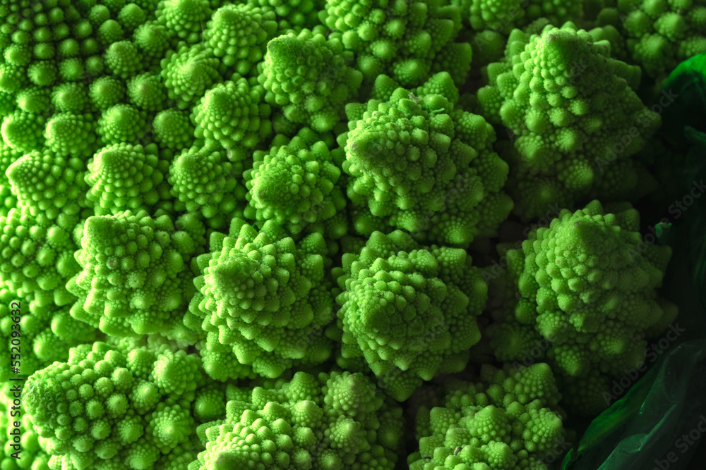 Green vegetable background of Romanesco cabbage. Romanesco cabbage close-up. Agricultural business. Growing vegetables. Plant growing. Green vegetable background of Romanesco cabbage. Romanesco cabbage close-up. Agricultural business. Growing vegetables. Plant growing.
