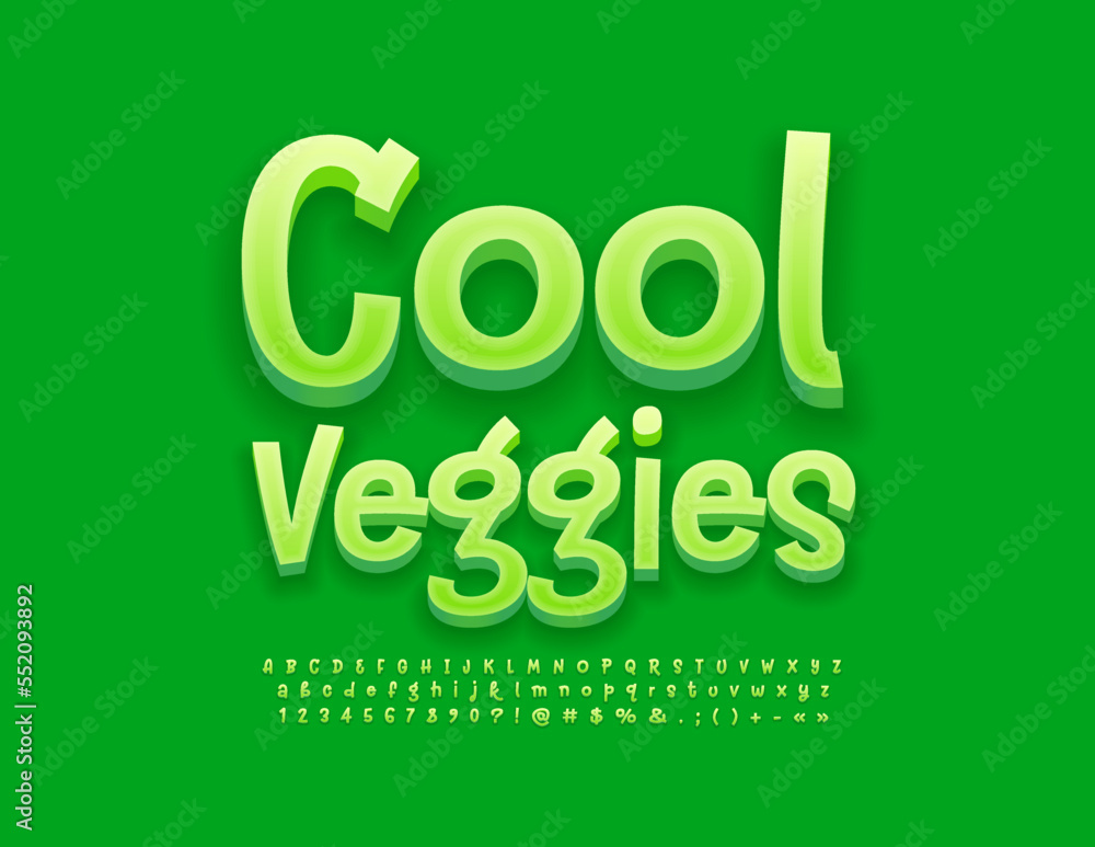 Vector funny emblem Cool Veggies. Green handwritten Font. Childish style Alphabet Letters, Numbers and Symbols set Vector funny emblem Cool Veggies. Green handwritten Font. Childish style Alphabet Letters, Numbers and Symbols set