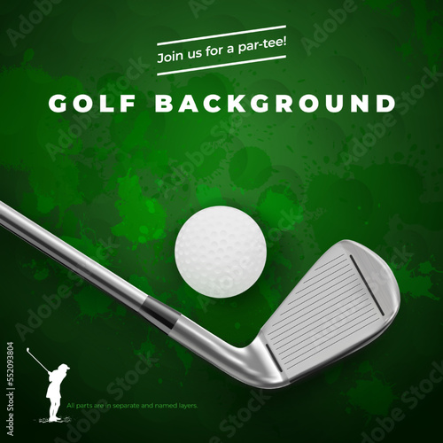 Grungy golf background with club, ball and player silhouette