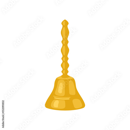 Vintage gold hand bell frame vector illustration. Cartoon drawing of antique or old-fashioned golden bell with handle isolated on white background. Vintage, luxury concept
