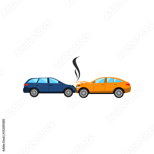 Two broken cars after road traffic accident cartoon illustration. Auto, automobile after crush or collision in need of repair. Damage, vehicle, fire concept
