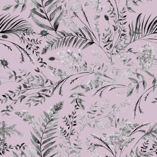Seamless watercolor pattern with monochrome black and white branches and fern leaves in boho style drawn for summer clothing textiles and surface design