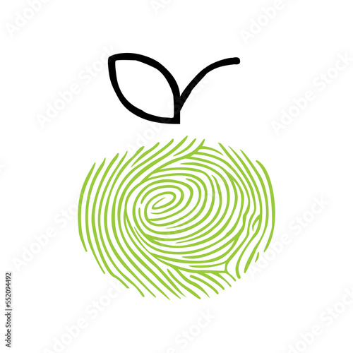 Green fingerprint apple cartoon illustration. Idea for painting fruits with fingerprints for kids. Cute childish drawing. Game, learning, education, development concept.
