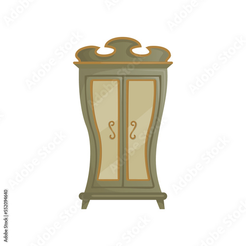 Green curvy cabinet and cupboard in classic style cartoon vector illustration. Wooden wardrobe, old fashioned furniture, vintage stuff isolated on white background. Interior concept