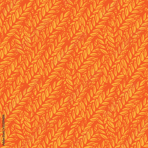 Cereal plant background. Leaves and ears of wheat wrapper. Agriculture straw. Orange golden contour line vector banner.