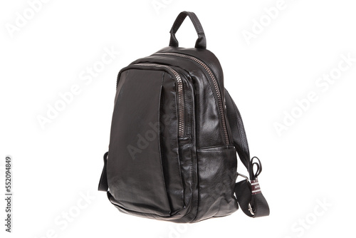 Leather modern handbag, backpack. Isolated on white. Fashion black bag.