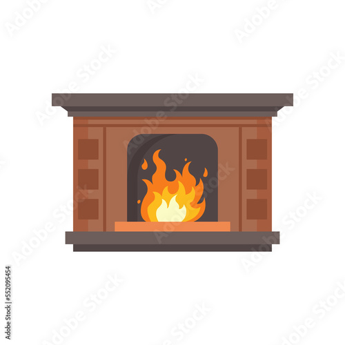 Classic wooden mantelpiece cartoon illustration. Modern fireplace with burning wood isolated on white background. Interior, furniture, relaxation concept