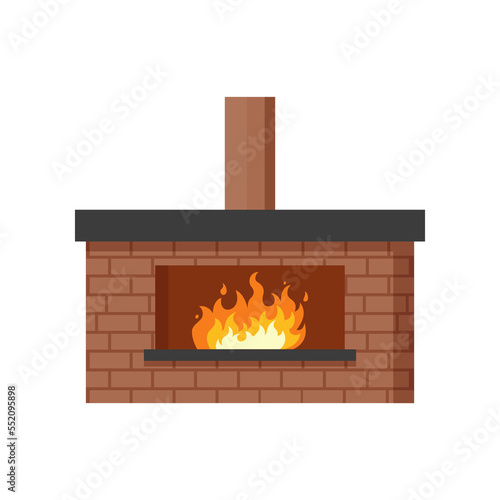 Red brick fireplace with pipe cartoon illustration. Modern mantelpiece with burning wood isolated on white background. Interior, furniture, relaxation concept