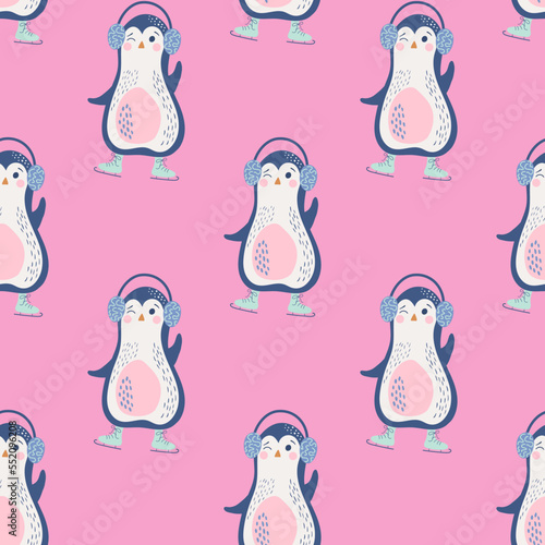 Vector seamless pattern with penguins wearing skates and headphones. Bright childish background. World Penguin Day. Digital paper.