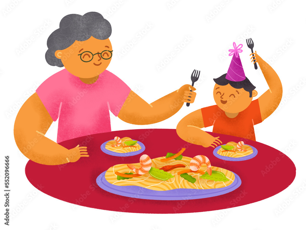 Filipino grandmother and grandson eating pansit bihon noodles together during a birthday Filipino grandmother and grandson eating pansit bihon noodles together during a birthday
