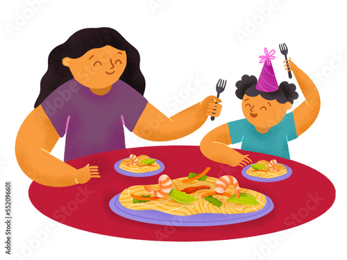 Filipino mother and daughter eating pansit bihon noodles together during a birthday