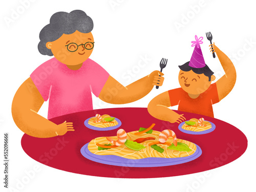 Filipino grandmother and grandson eating pansit bihon noodles together during a birthday