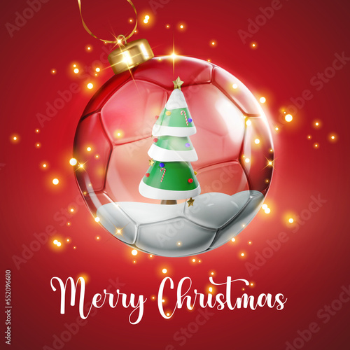 Marry Christmas card with transparent glossy soccer football glass ball with Christmas tree decoration - 3d rendering