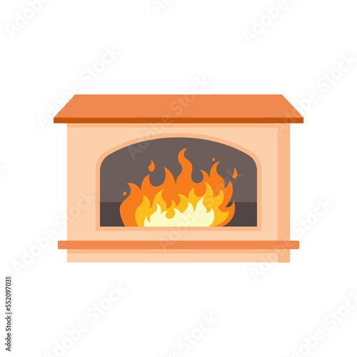 Modern light mantelpiece cartoon illustration. Home fireplace with burning wood isolated on white background. Interior, furniture, relaxation concept