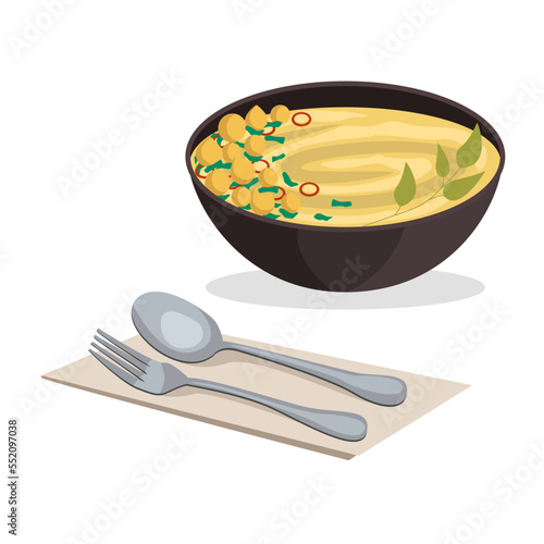 Israeli national food. Hummus. Noodle puree with supplements. Vector graphic.	