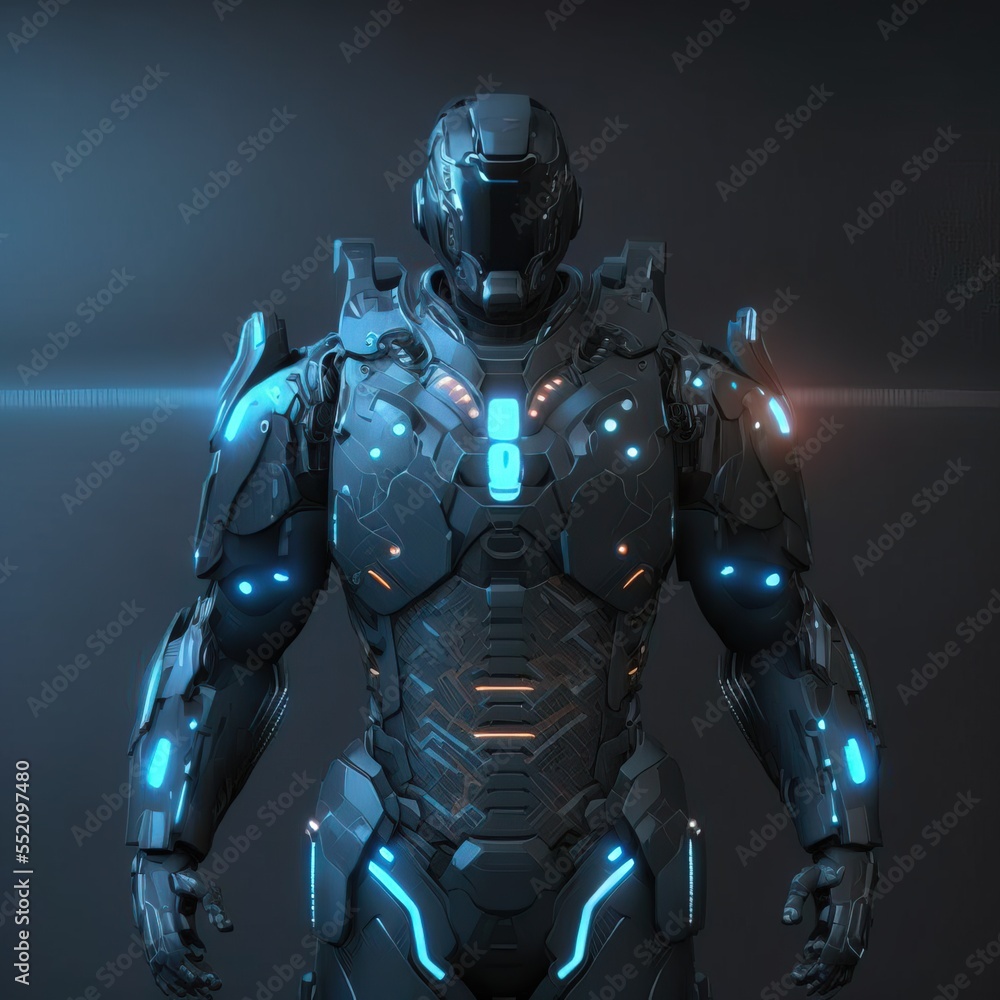 nedbrydes Hospital Månenytår Sci-fi robotic exoskeleton armor with human operator inside, robot with  neon glow 3d illustration Stock Illustration | Adobe Stock