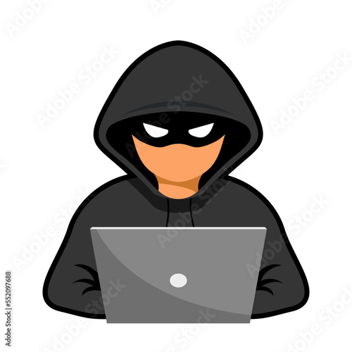 Hacker attacks and web security. Hacker, cybercriminal with laptop stealing user's personal data. Сybercriminals, identity theft, username, password, documents, email and credit card.