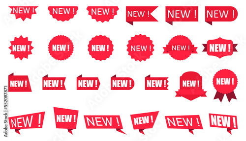 Red promotional labels for the new arrivals section of the store. New arrival stickers and labels flat icon set. New arrival stickers and labels flat icon set.