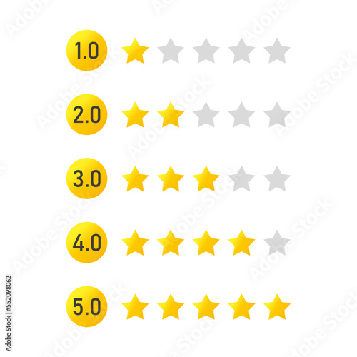 Star rating badges. Five Gold Star Review Rating, rating customer feedback on service or product quality. Star rating design elements set vector.