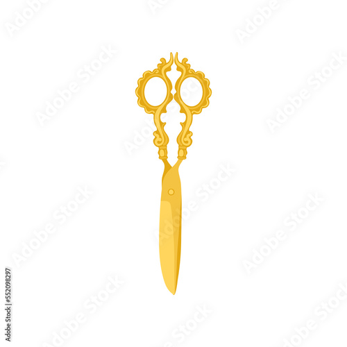 Vintage gold scissors vector illustration. Cartoon drawing of antique or old-fashioned tool for dressmaking isolated on white background. Vintage, luxury concept