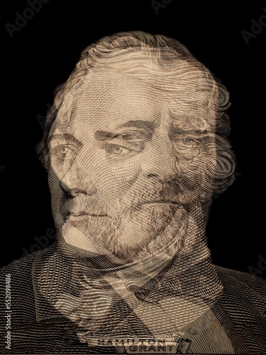 Double exposure of portrait of U.S. presidents Ulysses S. Grant and Alexander Hamilton.