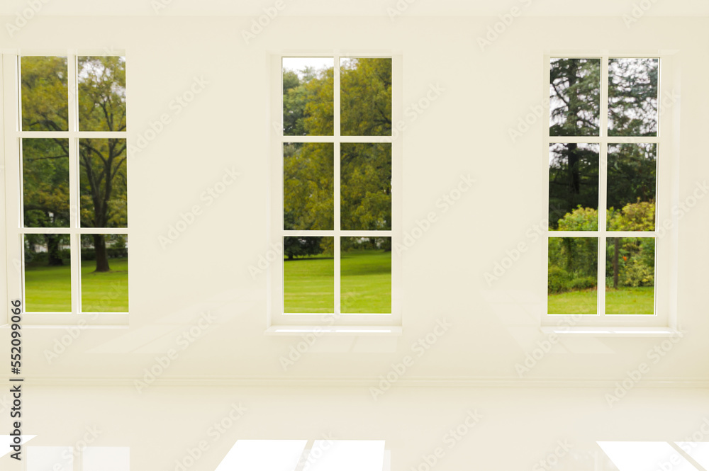 Fototapeta premium Corridor inside a light beige marble house with windows to the countryside. Interior design. 3d illustration.