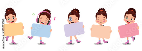Kids holding banners. Vector boy and girl with empty banner, illustration cartoon school kid and board for text