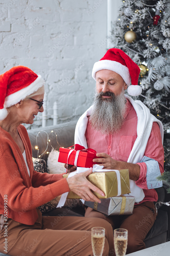 Fototapeta premium Happy loving senior couple having fun on New Year party near Christmas tree. Mature man and woman smiling, drinking champaign, exchanging gifts. Concept of active life and leisure of pensioner