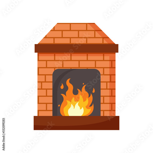 Modern red brick fireplace cartoon illustration. Home hearth with burning wood isolated on white background. Interior, furniture, relaxation concept.