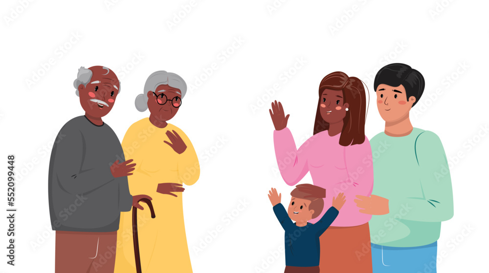Diverse generations and nationalities in one family. Adult daughter with her husband and the child visiting her parents. Diverse generations and nationalities in one family. Adult daughter with her husband and the child visiting her parents.