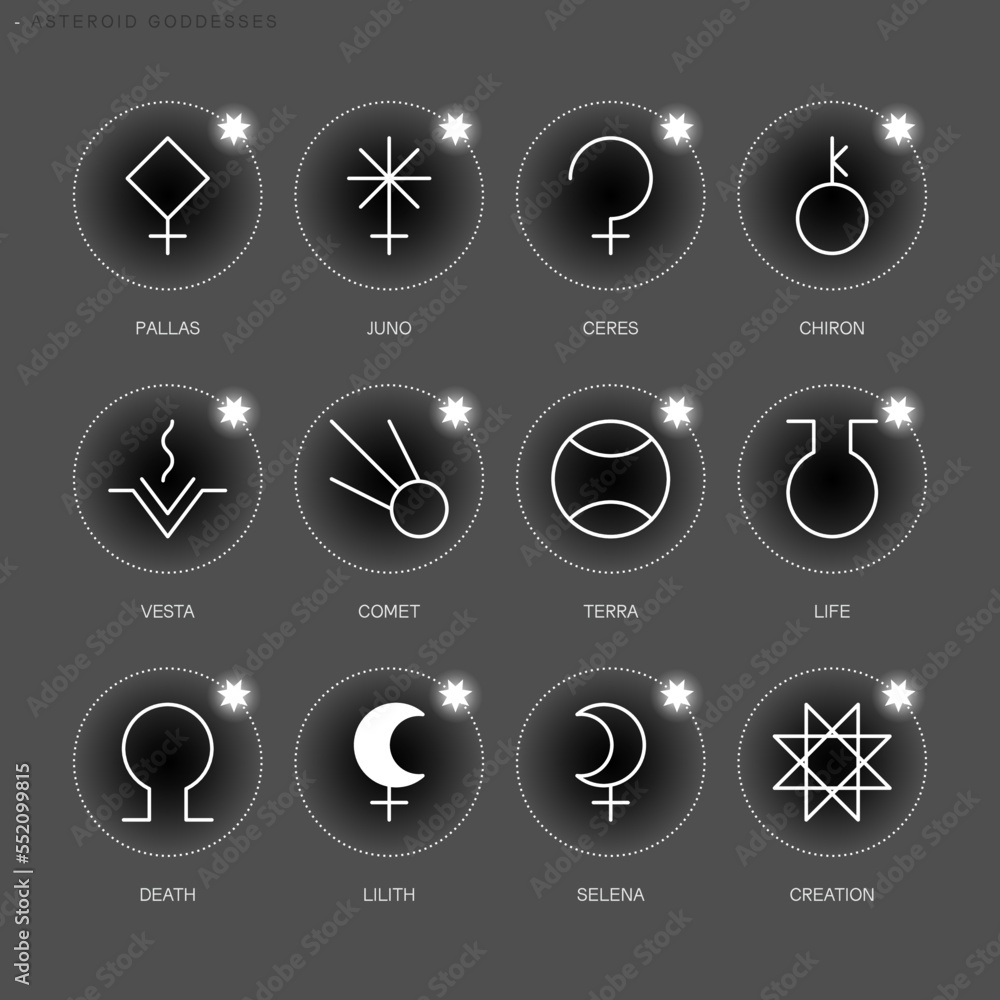 ASTEROID GODDESSES Zodiac Horoscope Thin Line Label Linear Design 