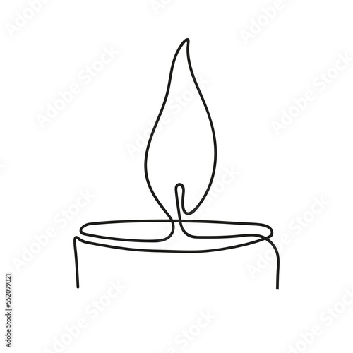 Burning candle in one line style. One line drawing vector illustration isolated on white background.