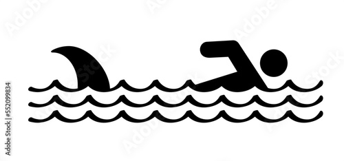 Stop, beware of sharks. Cartoon shark warning sign for beach people in the water or ocean zone. Stickman swimming. Shark sighting sign, beach closed area. No swim