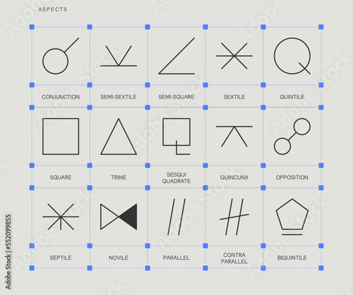 ASPECTS zodiac horoscope thin line label linear design esoteric stylized elements symbols signs. Vector illustration icons