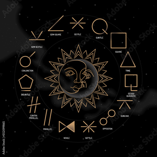 ASPECTS zodiac horoscope thin line label linear design esoteric stylized elements symbols signs. Vector illustration icons
