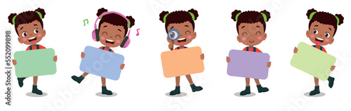 Kids holding banners. Vector boy and girl with empty banner illustration cartoon school kid and board for text