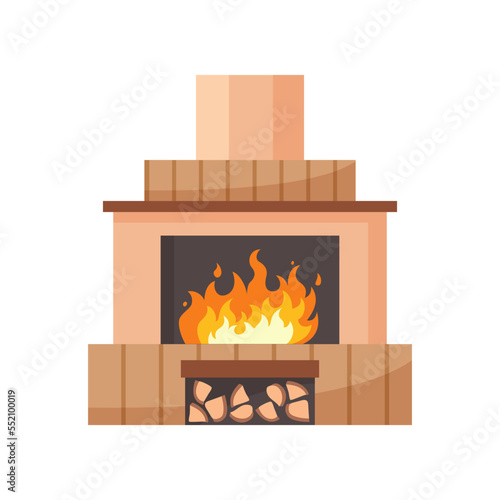 Big fireplace with tiles and pipe cartoon illustration. Modern mantelpiece with burning wood isolated on white background. Interior, furniture, relaxation concept