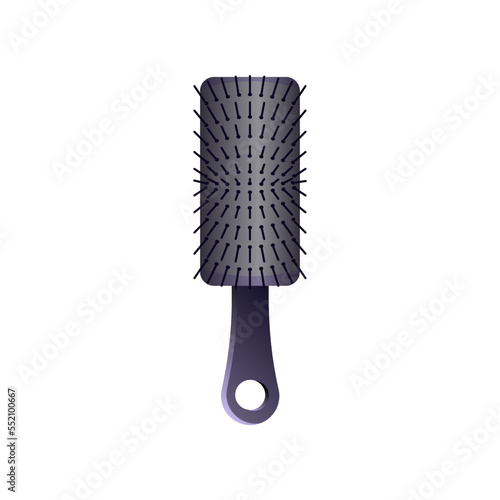 Black paddle hair brush. Vector illustration of hairbrush for hair care. Cartoon grooming equipment of hairdresser isolated on white background. Barbershop, beauty concept