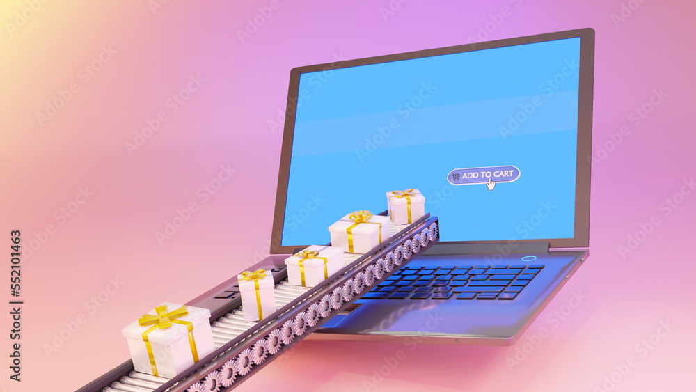 Add to cart, checkout and pay online in trade internet store e-commerce concept. Shopping belt transporter with gift and delivery on laptop keyboard button. Purchasing in the shop, 3d rendering.