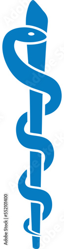 Staff of Asclepius medical blue symbol icon isolated on white background. Caduceus with staff and snake. Medical emblem. Rod of Aesculapius. Vector illustration