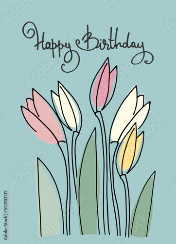 Happy Birthday greeting card design with floral decoration, snowdrops on pink background. Hand-lettered greeting phrase