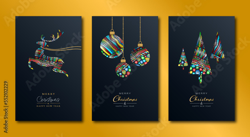 Set of modern Christmas cards with colourful elements on a dark background