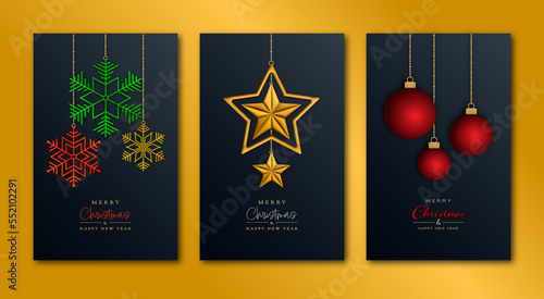 Set of modern Christmas cards with hanging elements on a dark background photo
