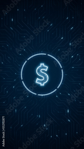 Blue digital money logo and futuristic technology circle HUD with circuit board and data transfer on abstract background financial concepts